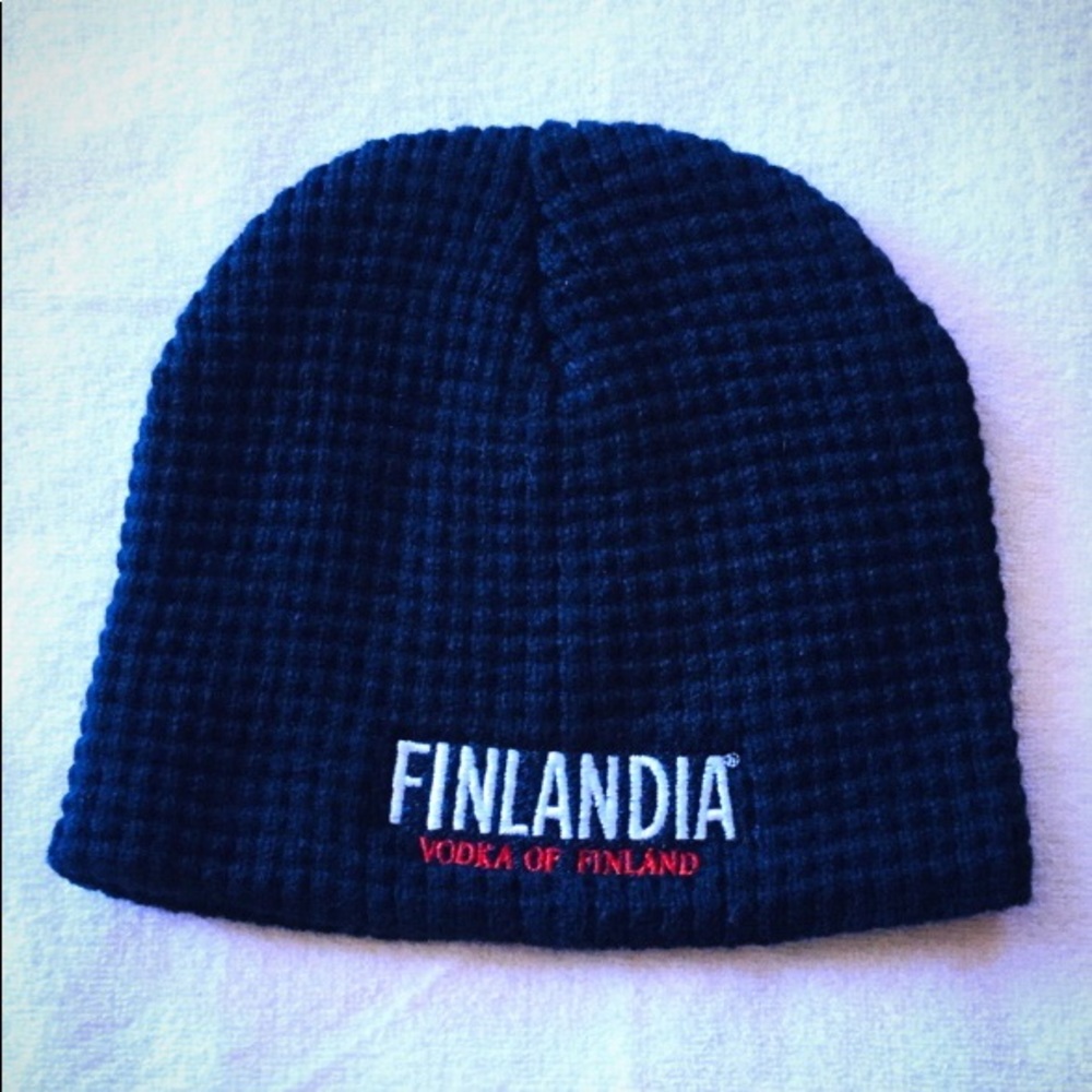 Dark blue Finlandia vodka logo knit beanie